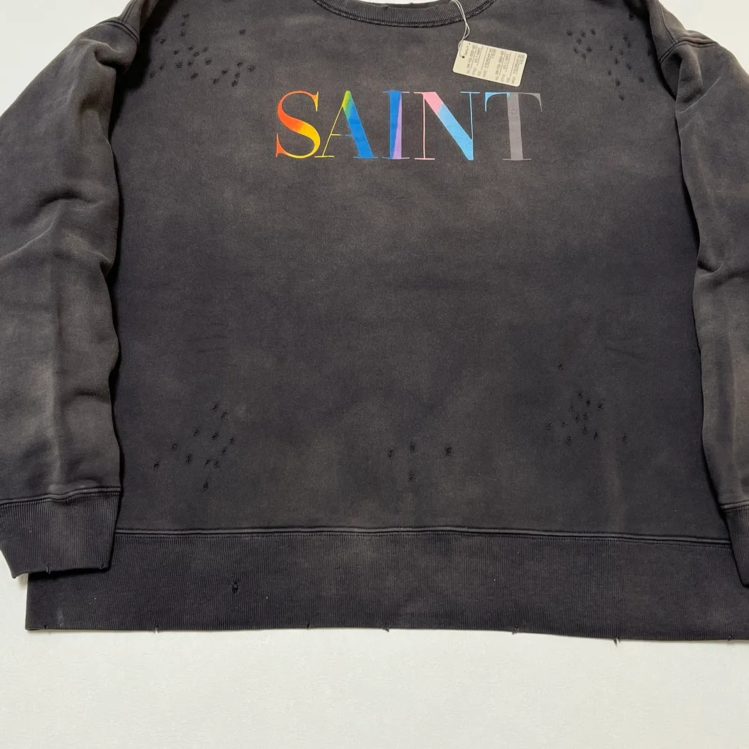 SAINT Mxxxxxx CREW NECK SWT SHIRTS 'RAINBOW SNT'/BLK Rainbow SAINT destruction sweatshirt, washed black S-XL Assute dyeing, genuine whole garment sprayed with horsetail fading process, collar/cuffs frayed in many places, front and rear panels/sleeves super complicated hanging grinding, heavy washing and water discoloration, correct fruit mark/angel mark